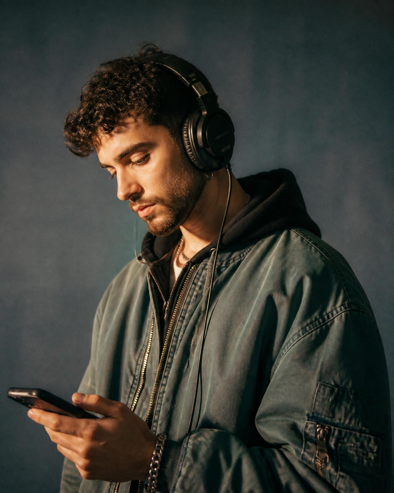 Listener with headphones discovering rights-cleared music on Starflo